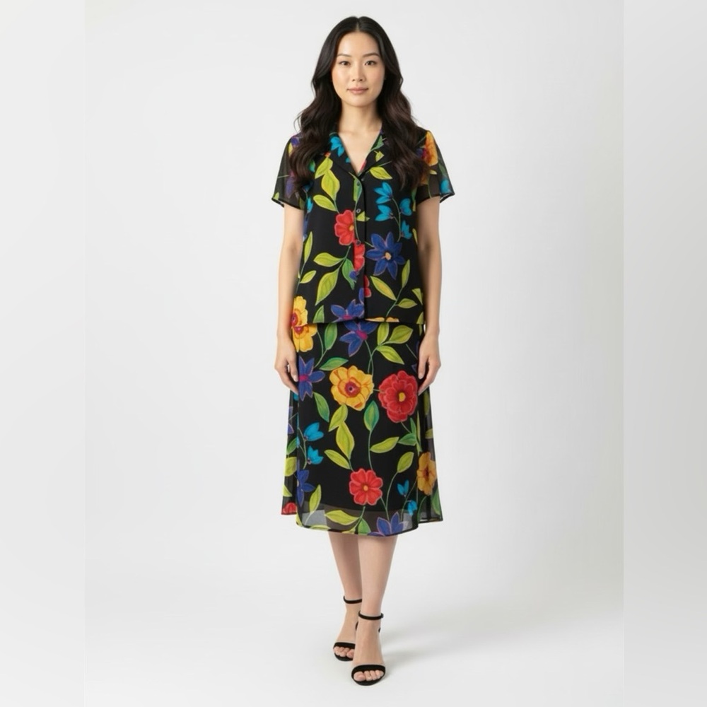 Vtg Positive Attitude Dress 8P Black Floral Two Piece Set‎ Button Front Top